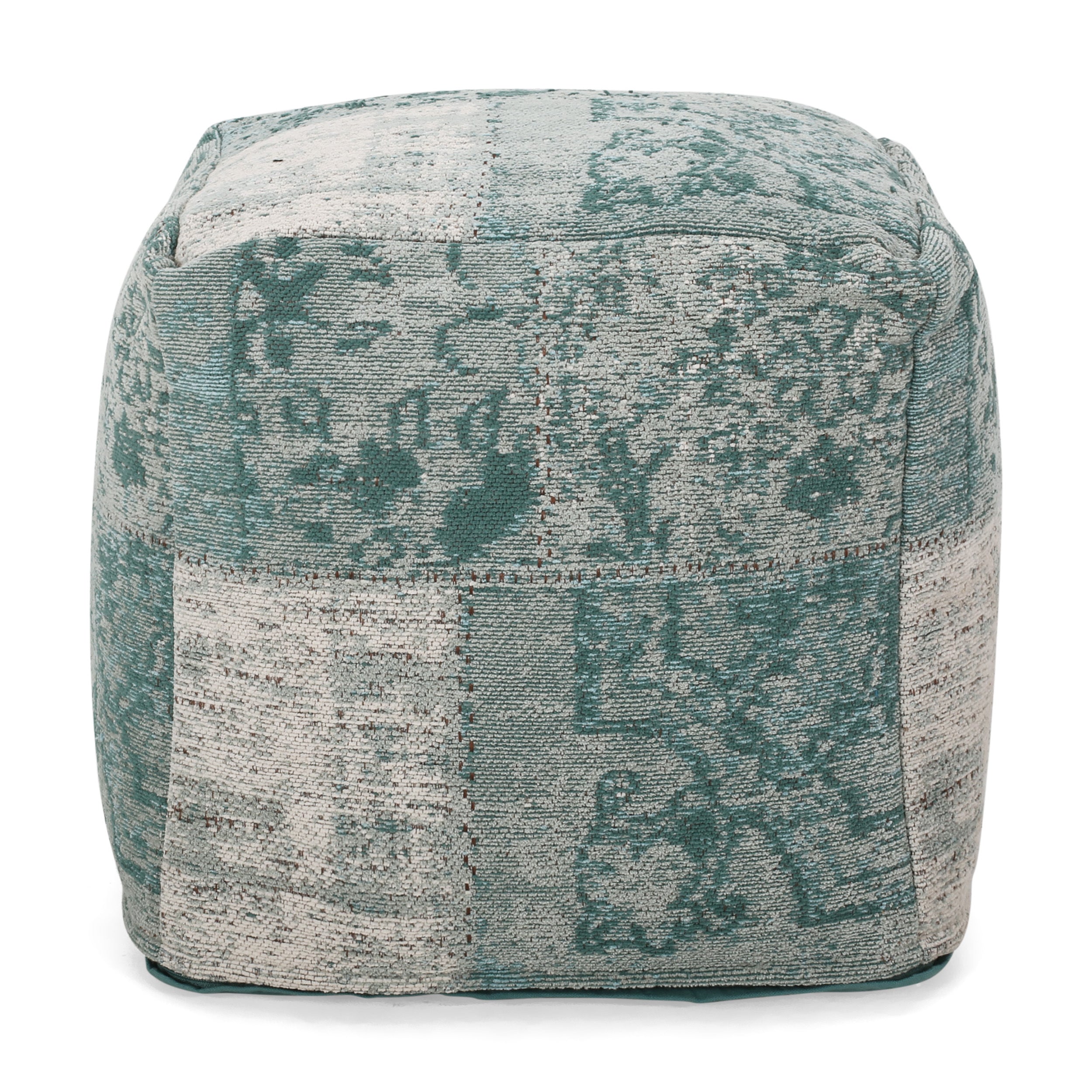 Hand Loomed Boho Teal Fabric Cube Pouf