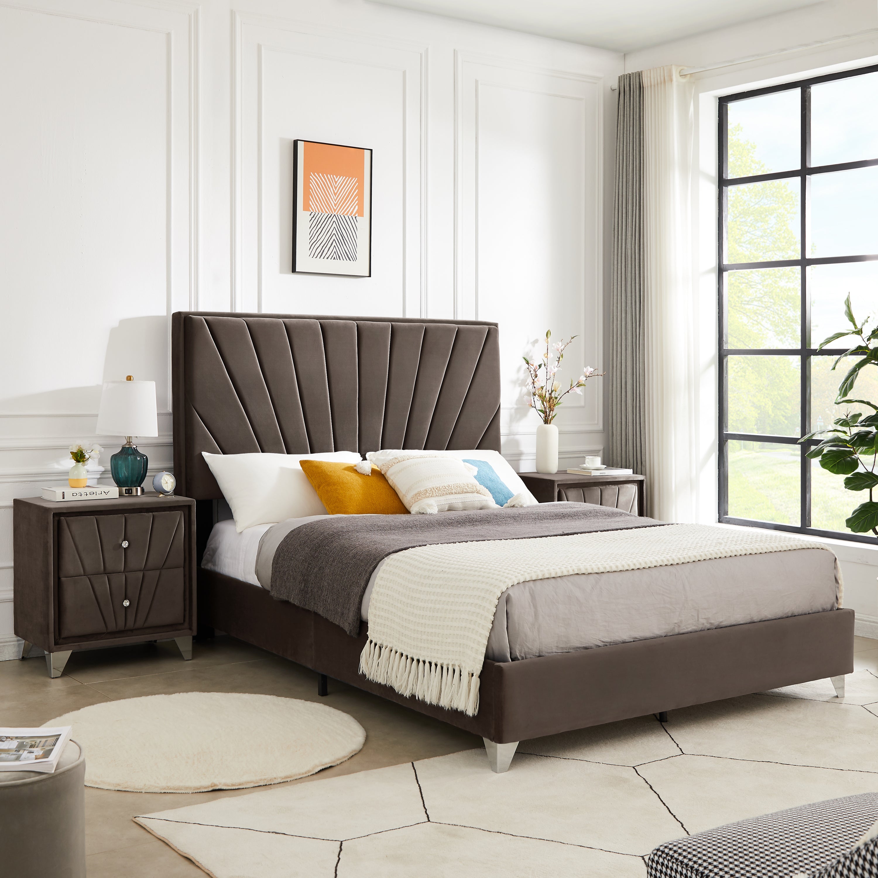 Full Bed + 2 Nightstands w/ Beautiful line stripe cushion headboard - Brown