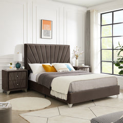 Full Bed + 2 Nightstands w/ Beautiful line stripe cushion headboard - Brown