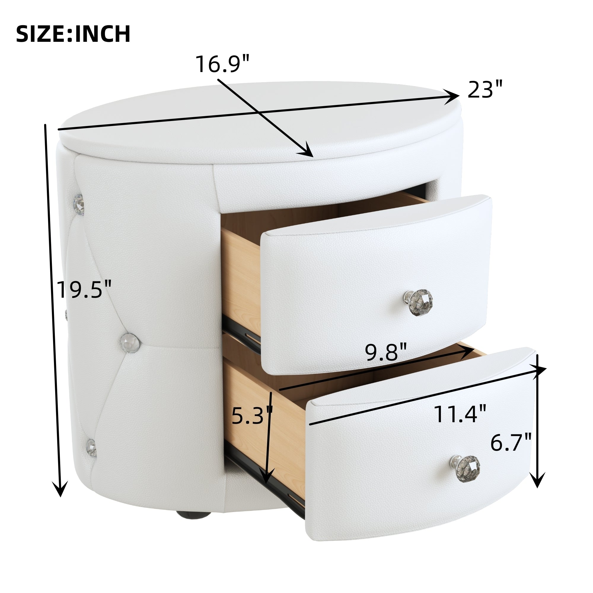 Elegant PU Nightstand with 2 Drawers and Crystal Handle, Fully Assembled Except Legs & Handles, Storage Bedside Table - White