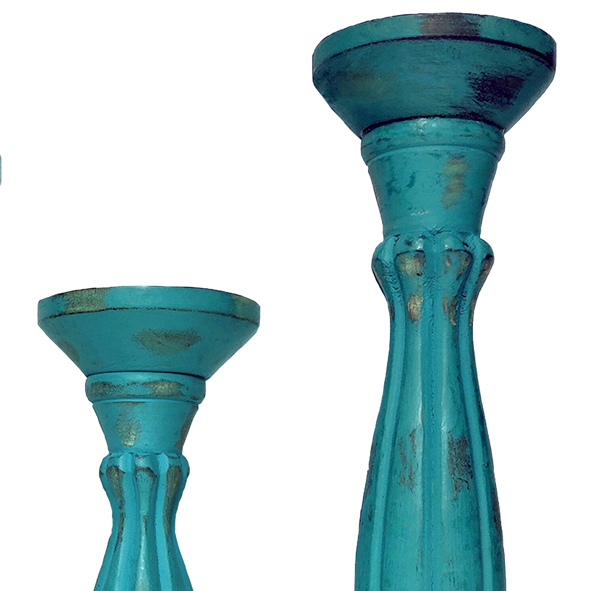 Handmade Wooden Candle Holder with Pillar Base Support (Set of 3) - Turquoise Blue