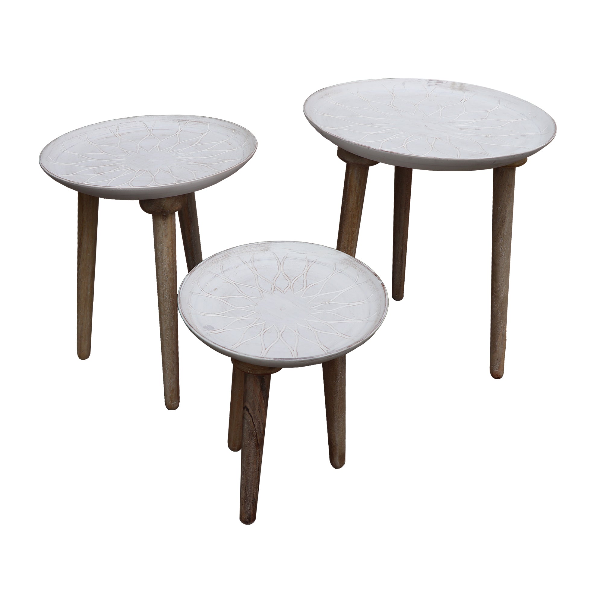 Mango Wood Bowl Top Side End Coffee Table with Angled Tripod Base (Set of 3) - White and Brown