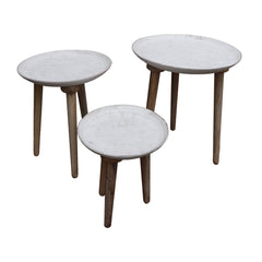 Mango Wood Bowl Top Side End Coffee Table with Angled Tripod Base (Set of 3) - White and Brown