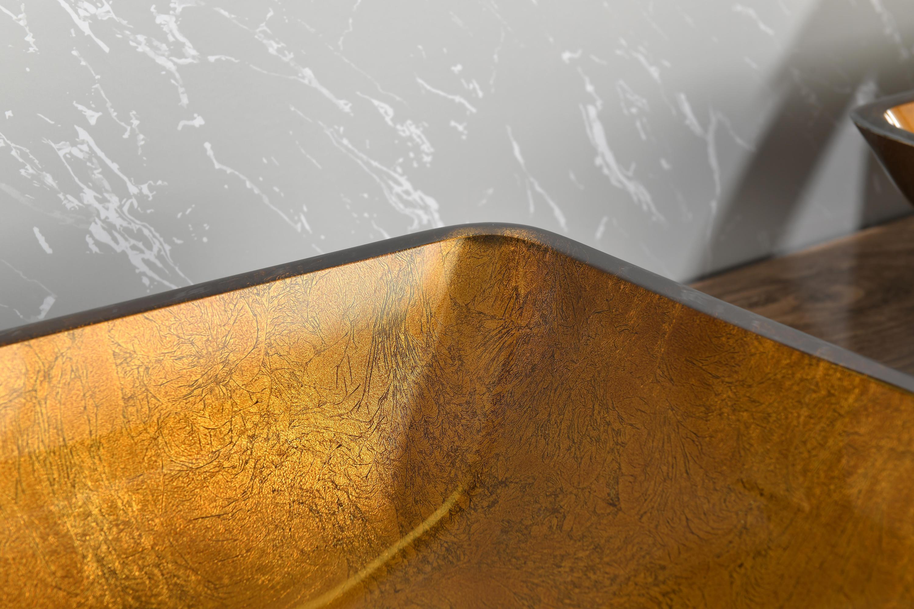 22.25" L -14.25" W -4 1/2" H Glass Rectangular Vessel Bathroom Sink Set with Gold Faucet and Gold Pop Up Drain