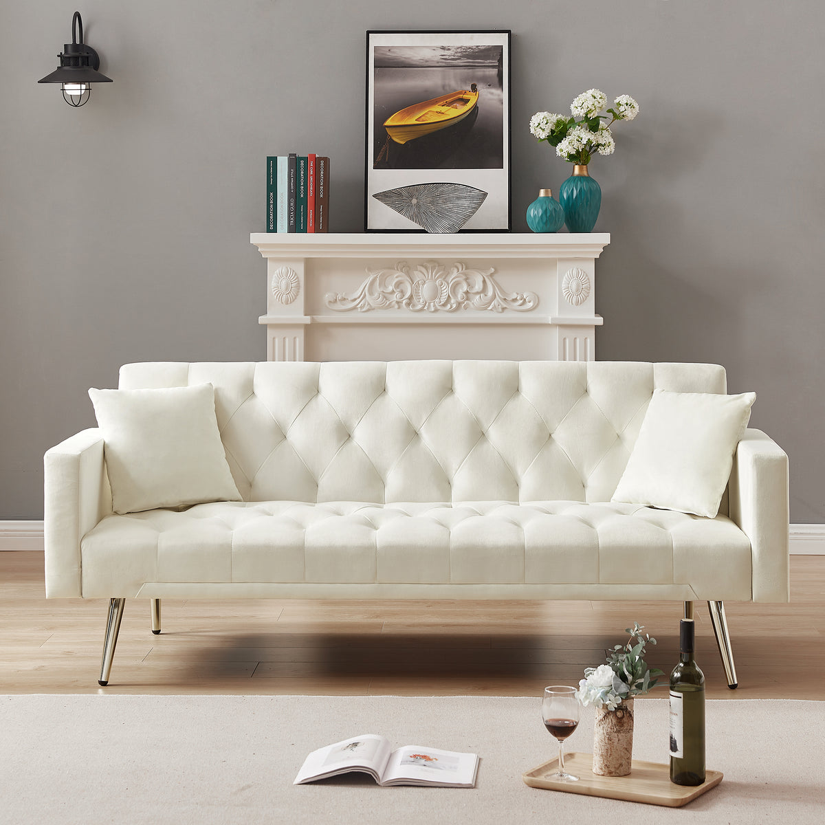 Convertible Folding Futon Sofa Bed, Sleeper Sofa Couch for Compact Living Space - Cream White