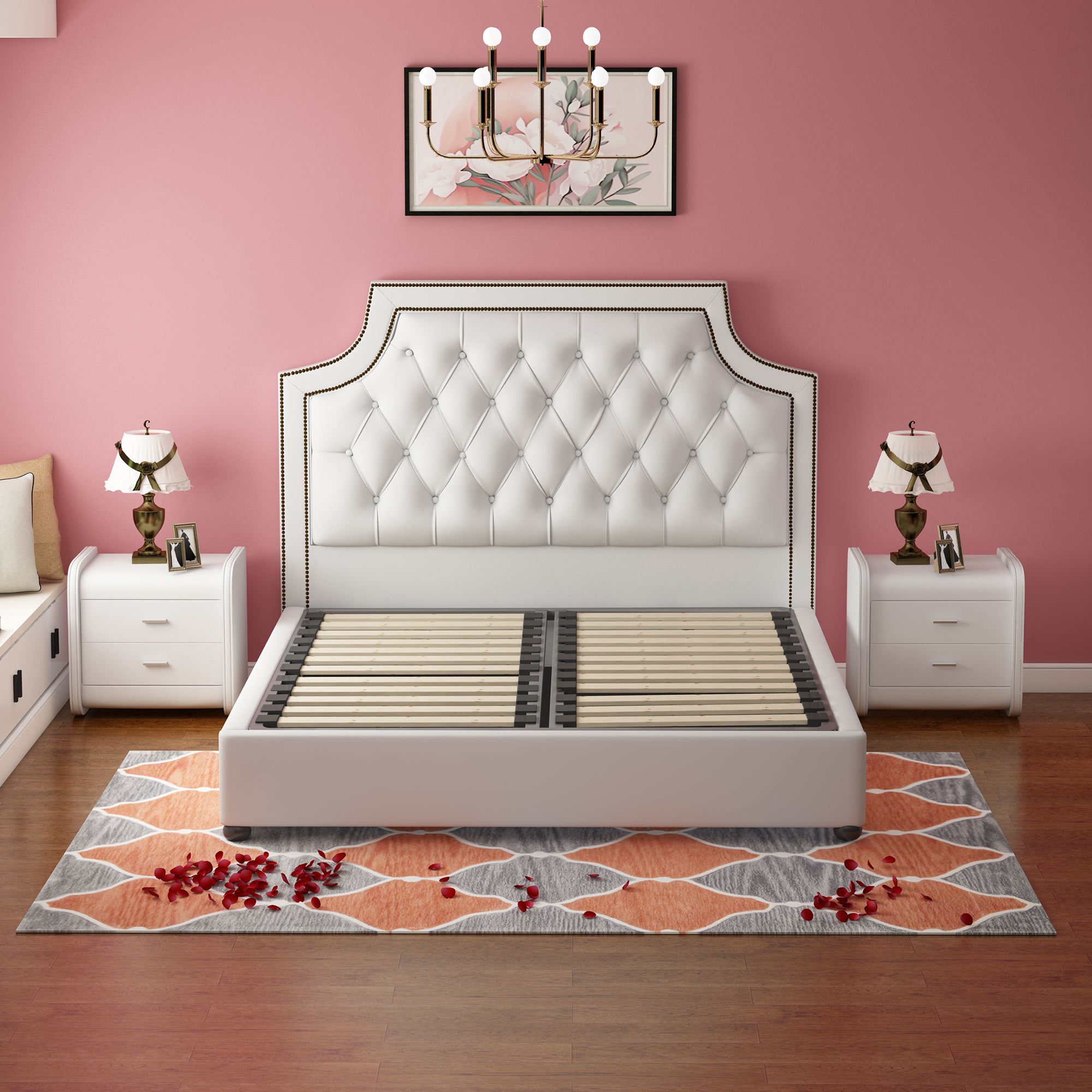Twin Bed Frame with Button Tufted Headboard, Faux Leather Upholstered Mattress Wooden Slat Support