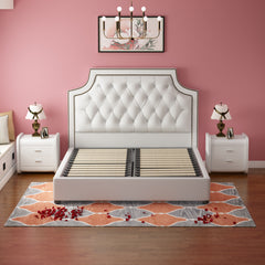 Twin Bed Frame with Button Tufted Headboard, Faux Leather Upholstered Mattress Wooden Slat Support