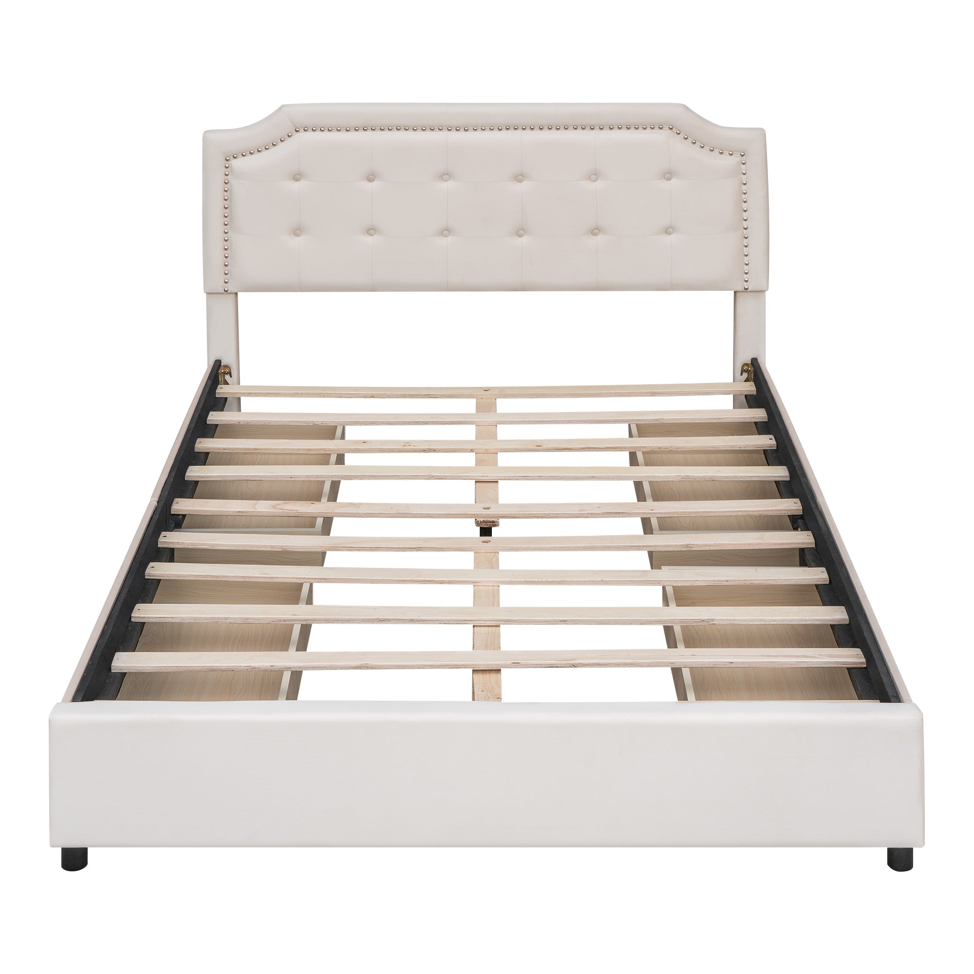 Queen Bed Upholstered Platform with Classic Headboard and 4 Drawers - Beige