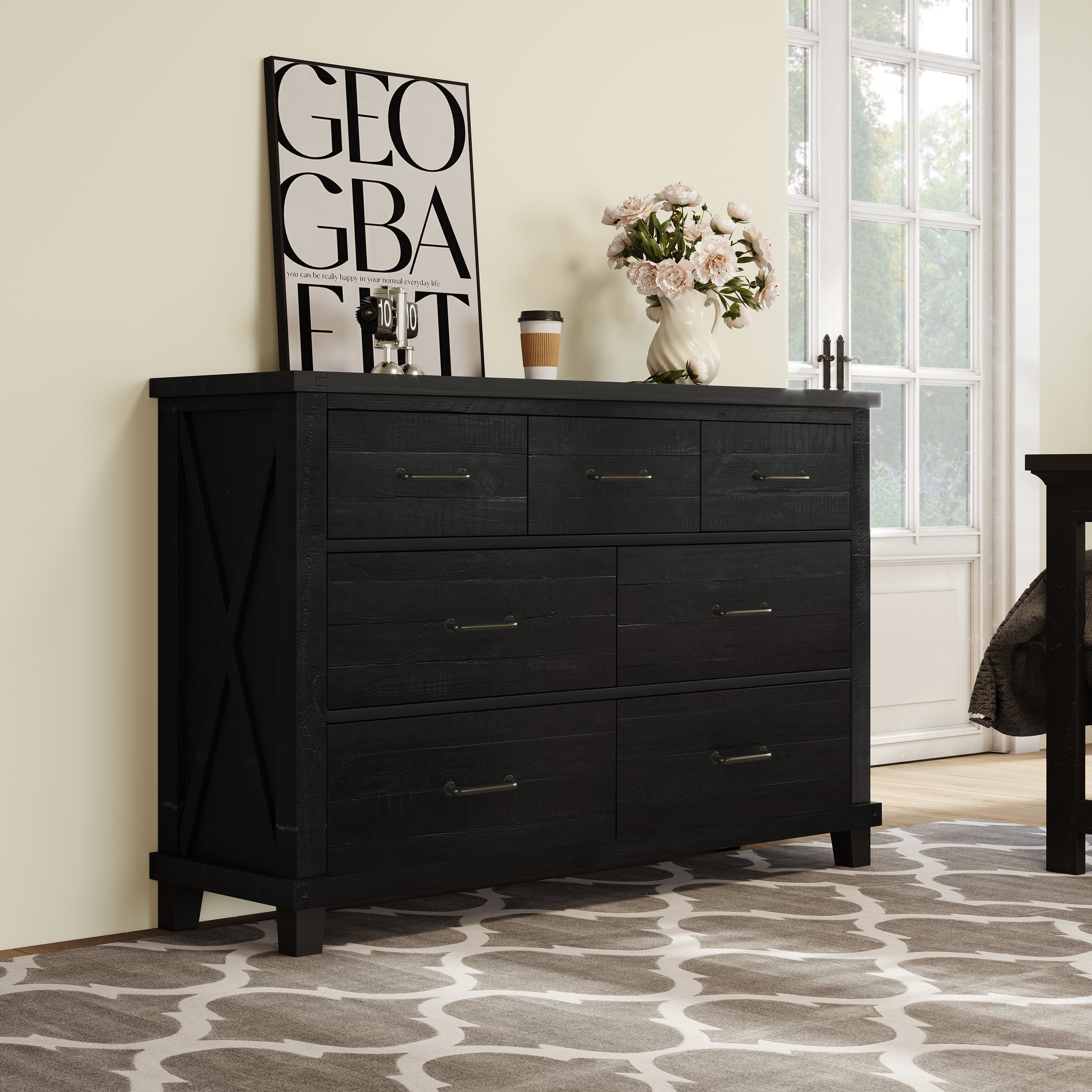 Rustic Farmhouse Style Solid Pine Wood Seven-Drawer Dresser