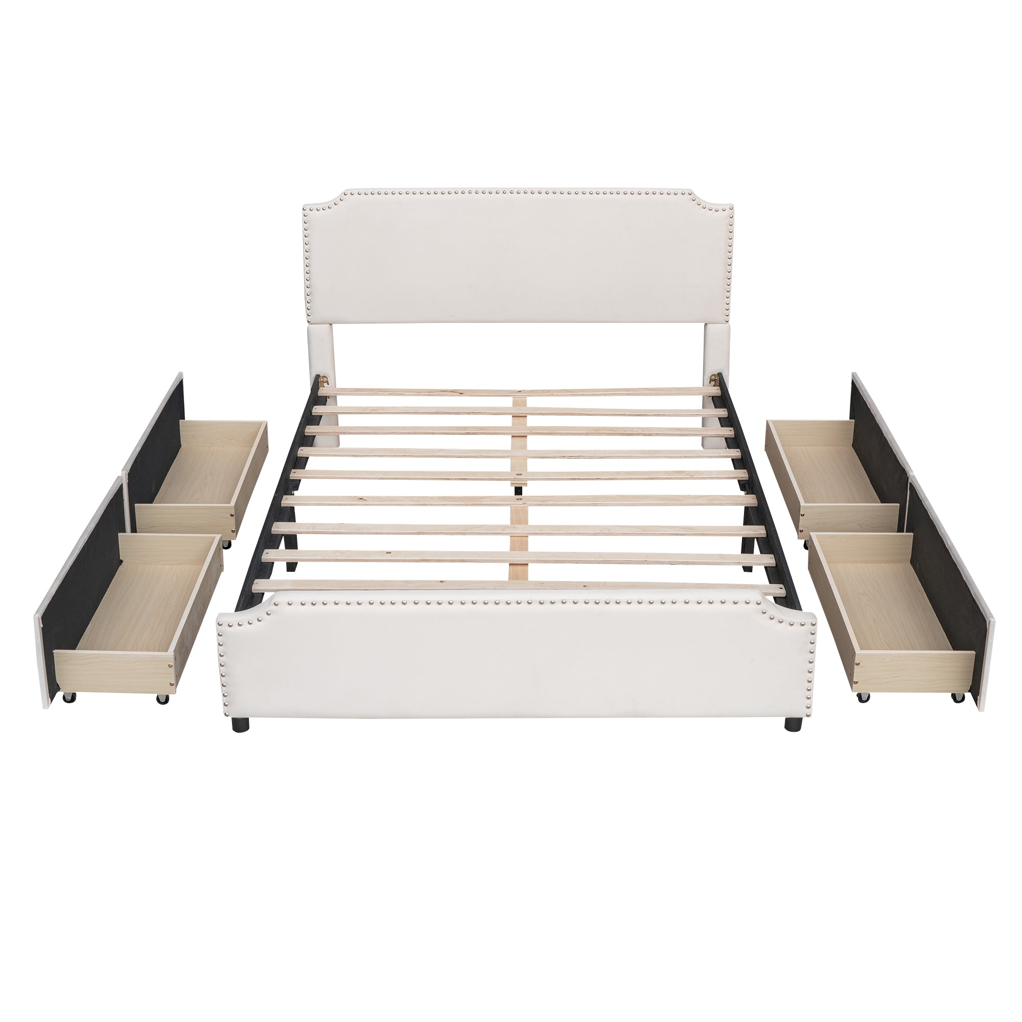 Queen Size Upholstered Platform Bed with Stud Trim Headboard and Footboard and 4 Drawers No Box Spring Needed, Velvet Fabric - Beige