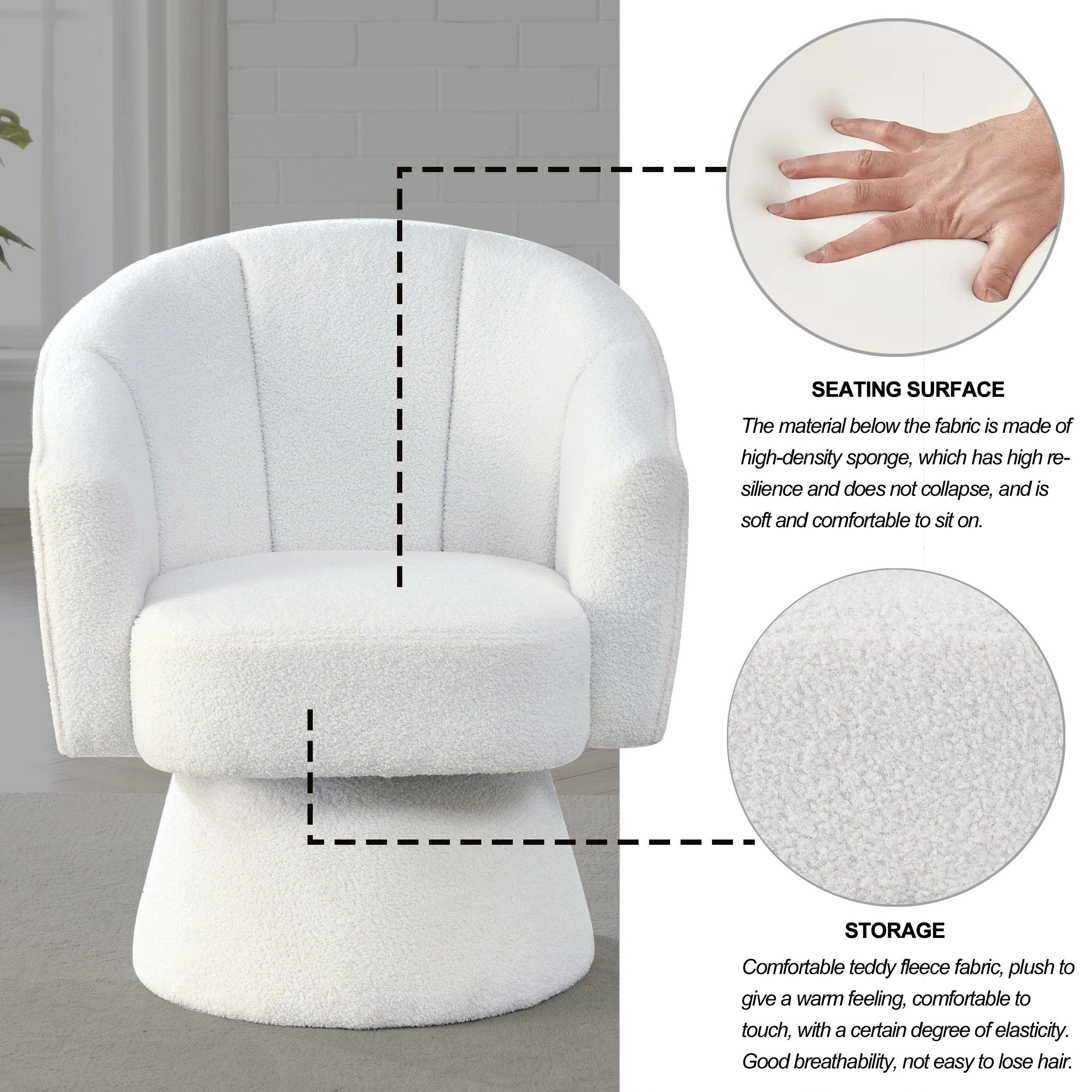29 "W Petal Modern Contemporary Accent Lounge Swivel Chair with Deep Channel Tufting and Base - White Teddy