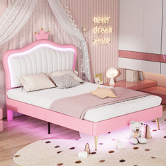 Full Size Princess Bed With Crown Headboard with LED Lights - White+Pink
