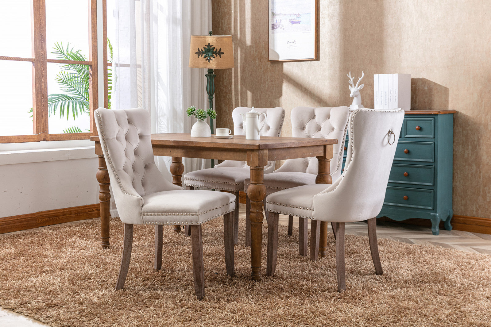 Modern High-end Tufted Velvet Upholstered Dining Chair with Wood Legs Nailhead Trim (Set of 2) -Beige