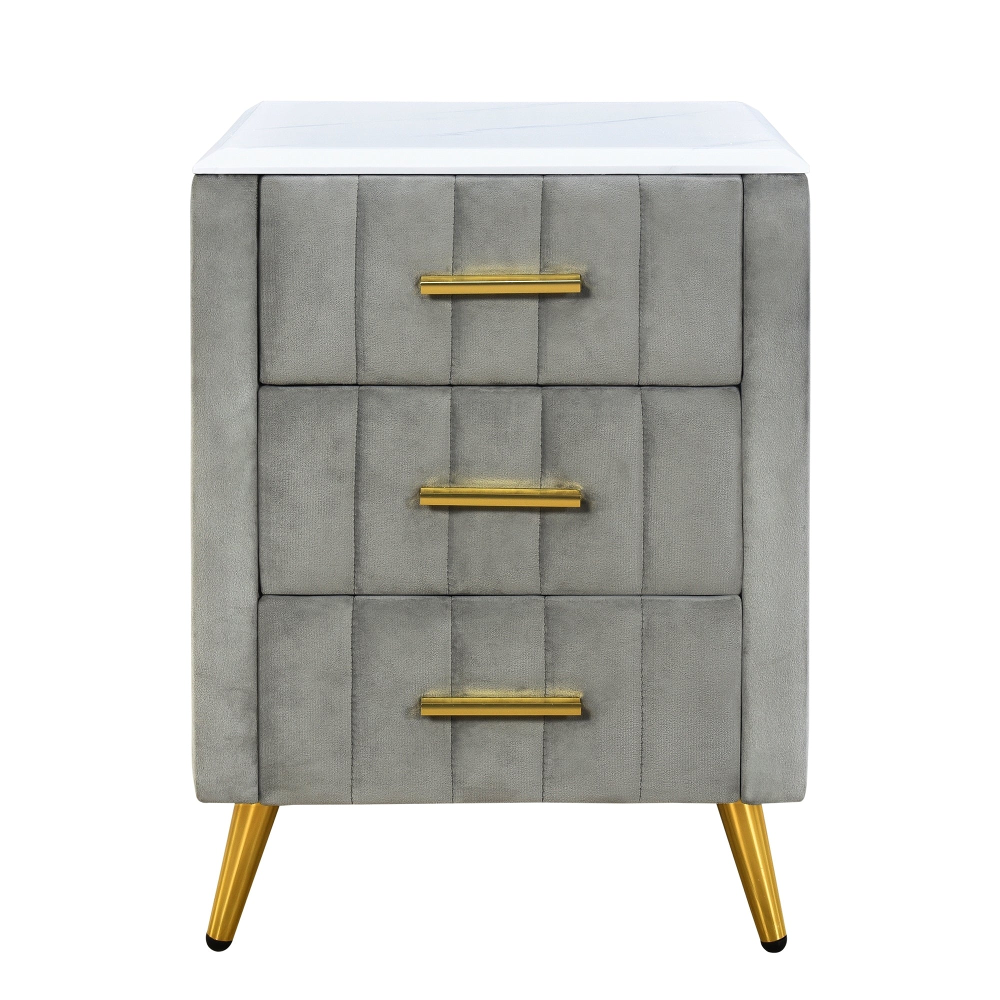Upholstered Wooden Nightstand with 3 Drawers, Table with Marbling Worktop - Gray