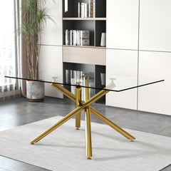 Modern Minimalist Rectangular Glass Dining Table for 6-8 with 0.39" Tempered Glass Tabletop and Silver Chrome Metal Legs - Golden