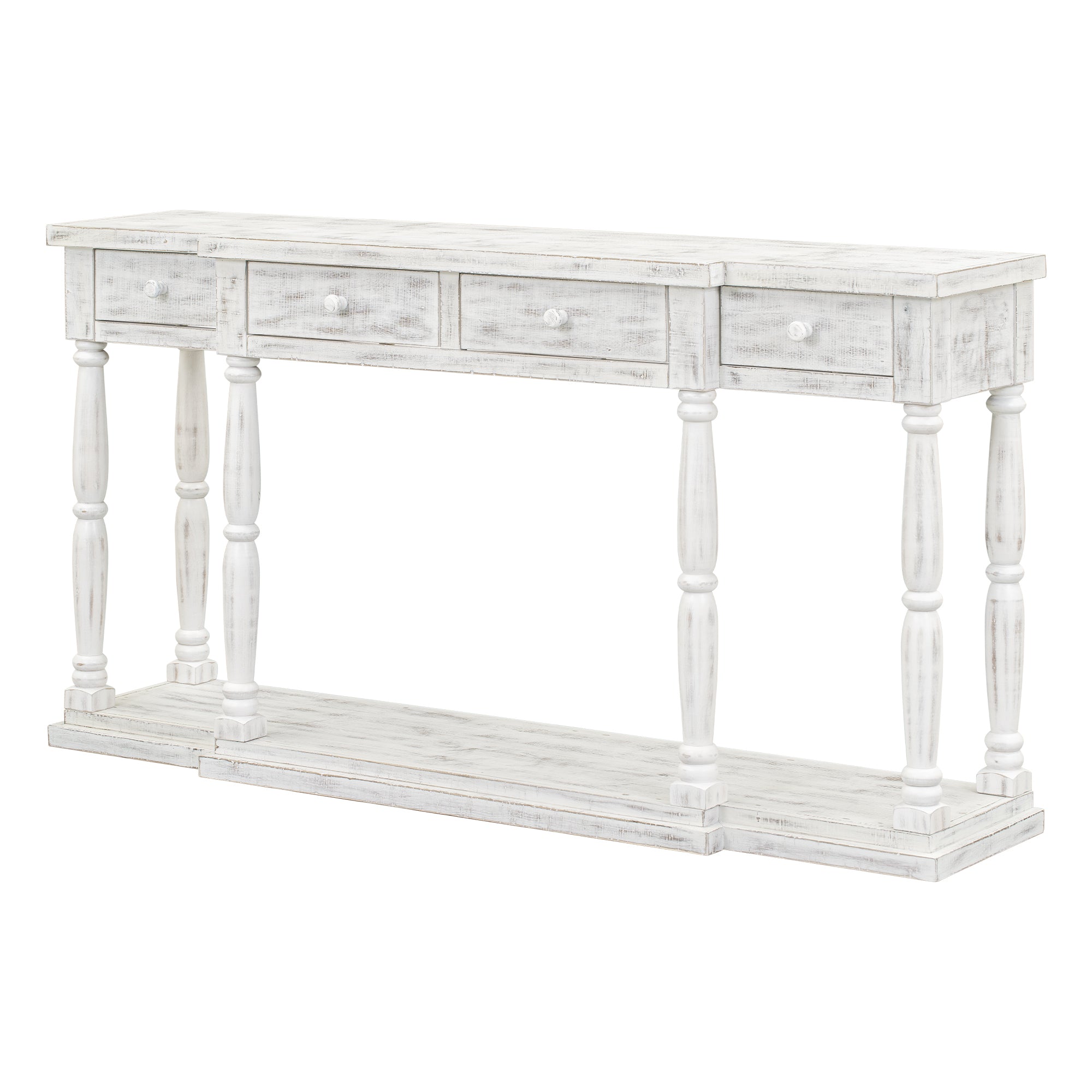 Retro Console Table for Hallway with 4 Front Facing Storage Drawers and 1 Shelf - Antique White