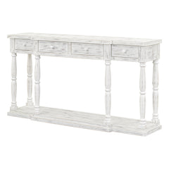 Retro Console Table for Hallway with 4 Front Facing Storage Drawers and 1 Shelf - Antique White