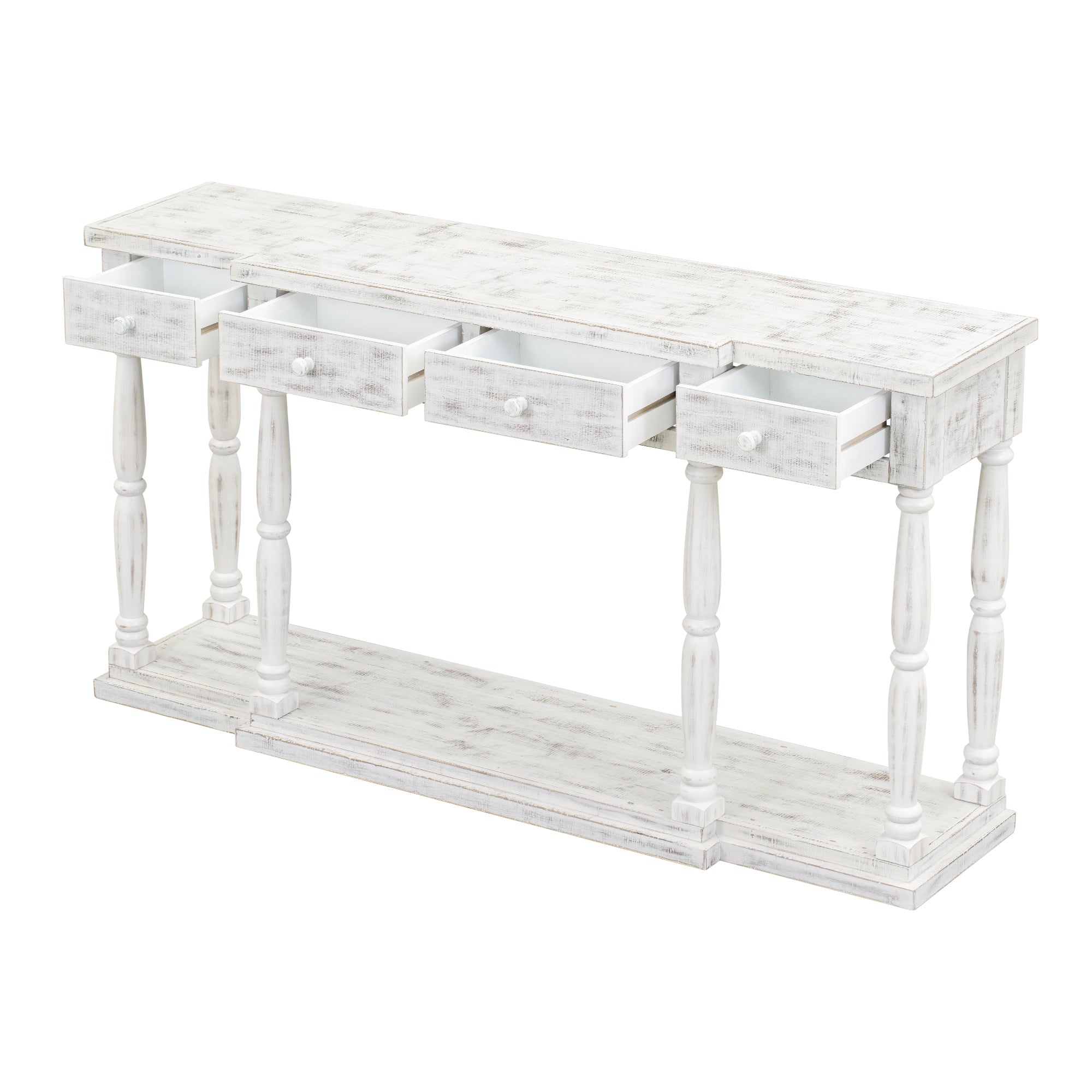 Retro Console Table for Hallway with 4 Front Facing Storage Drawers and 1 Shelf - Antique White