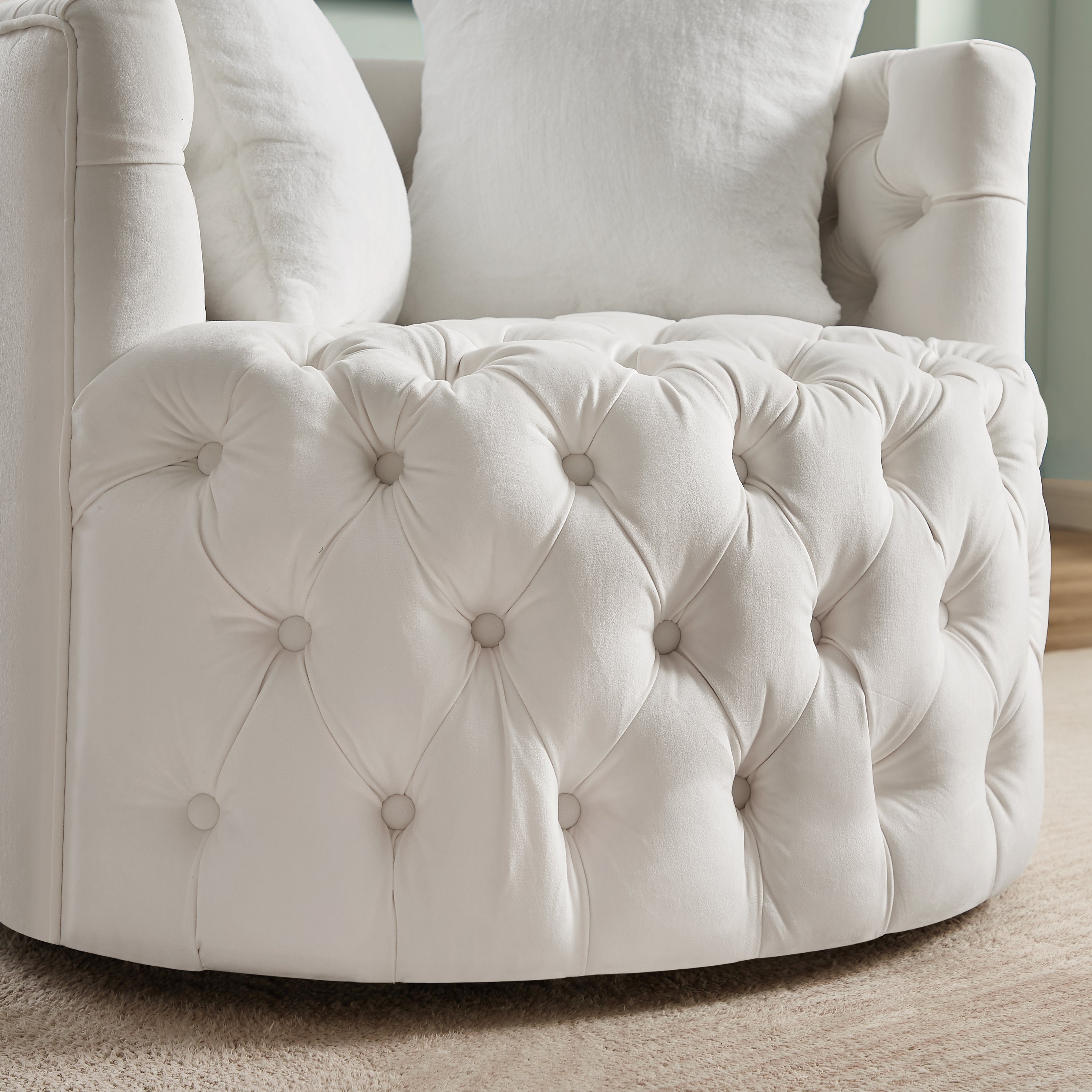 Swivel Barrel Chair with 360° Rotating Base and 2 Pillows - White Velvet