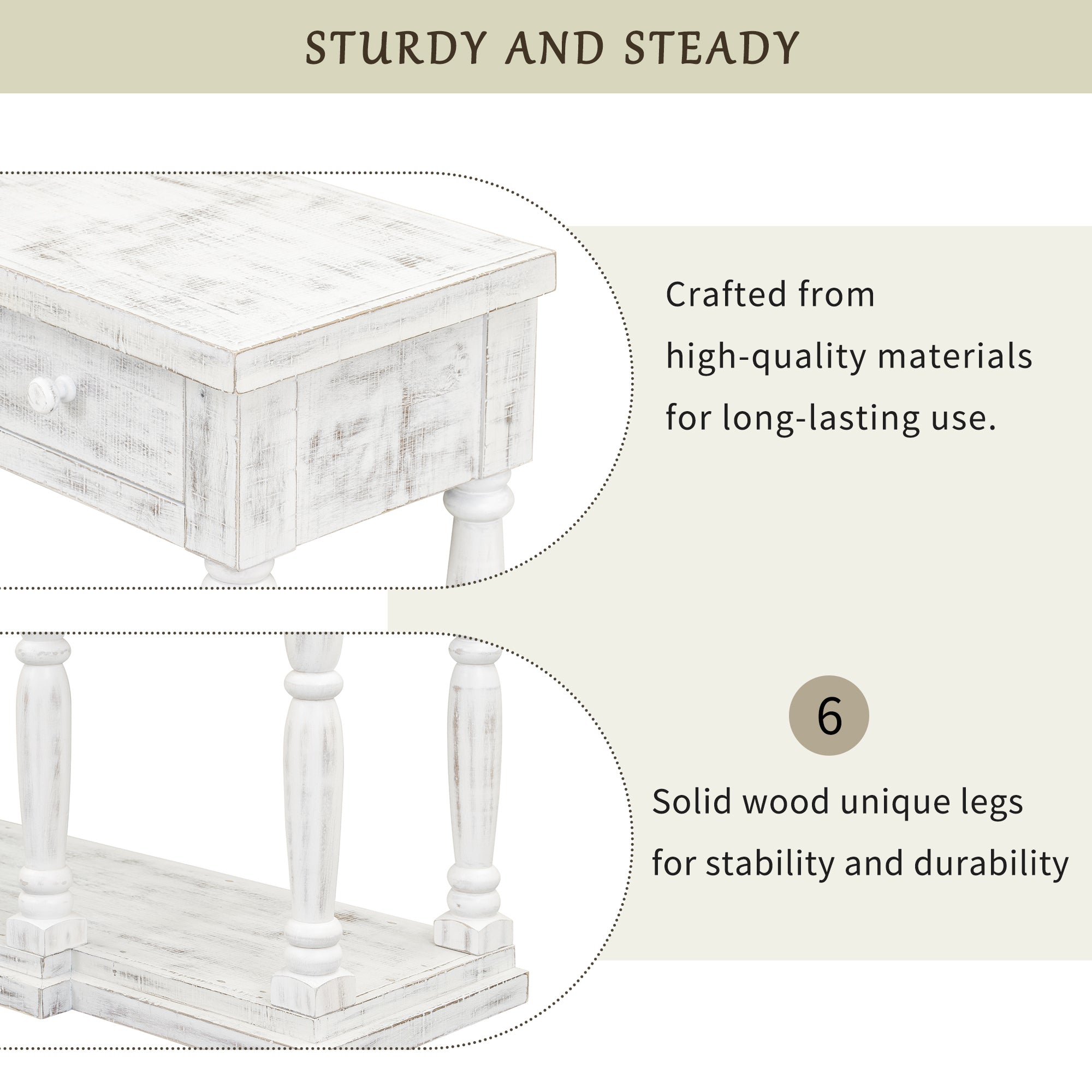 Retro Console Table for Hallway with 4 Front Facing Storage Drawers and 1 Shelf - Antique White