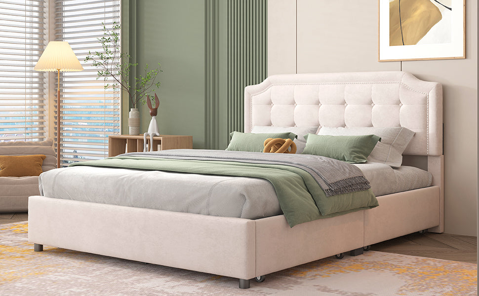 Queen Bed Upholstered Platform with Classic Headboard and 4 Drawers - Beige