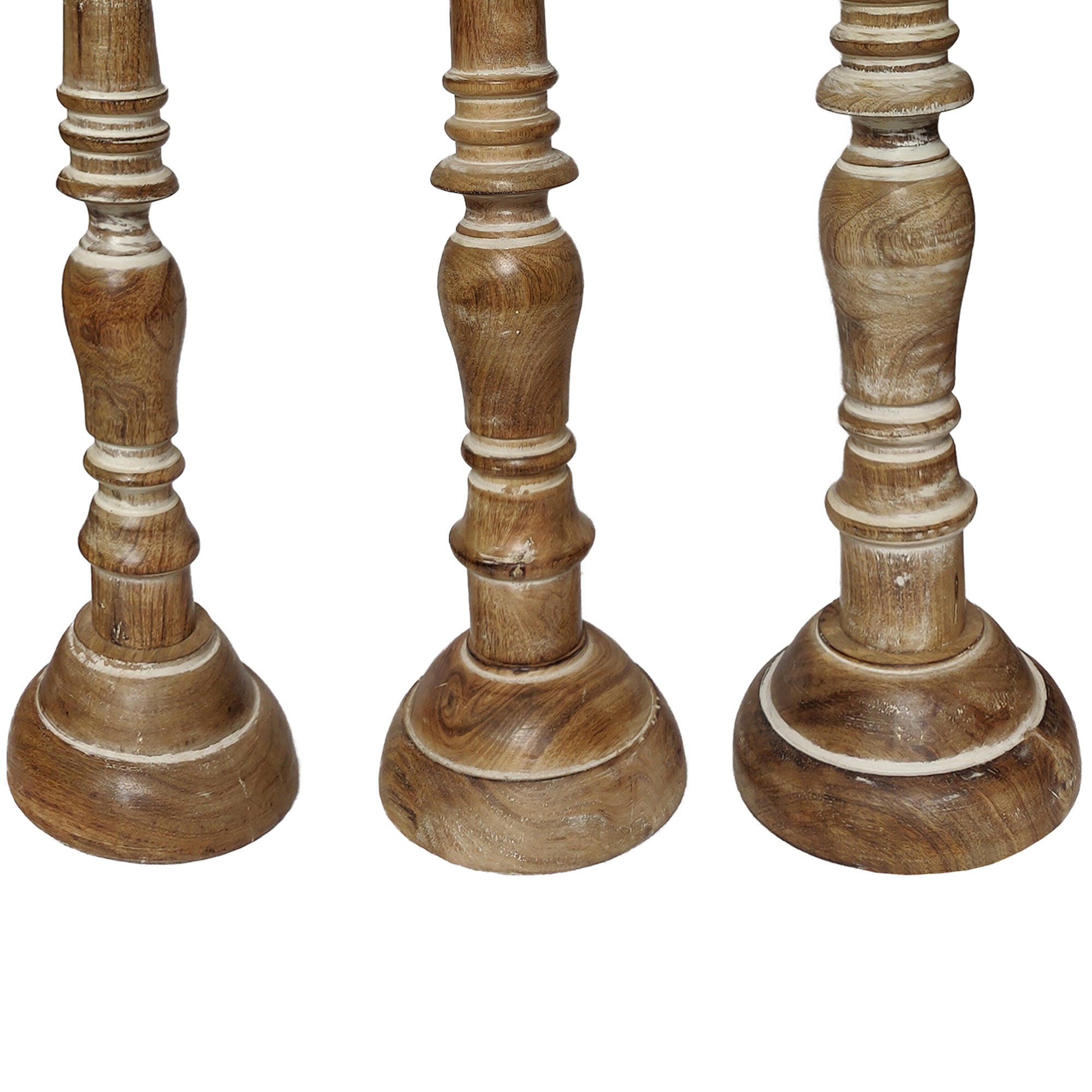 Handcrafted Distressed Wooden Candle Holder with Pedestal Body (Set of 3) - Brown