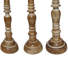 Handcrafted Distressed Wooden Candle Holder with Pedestal Body (Set of 3) - Brown