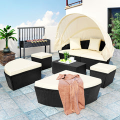 Outdoor Rattan Daybed Sunbed with Retractable Canopy Wicker - Beige