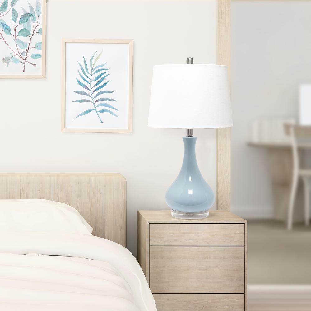 Ceramic Tear Drop Shaped Table Lamp, Light Blue, White Fabric Shade