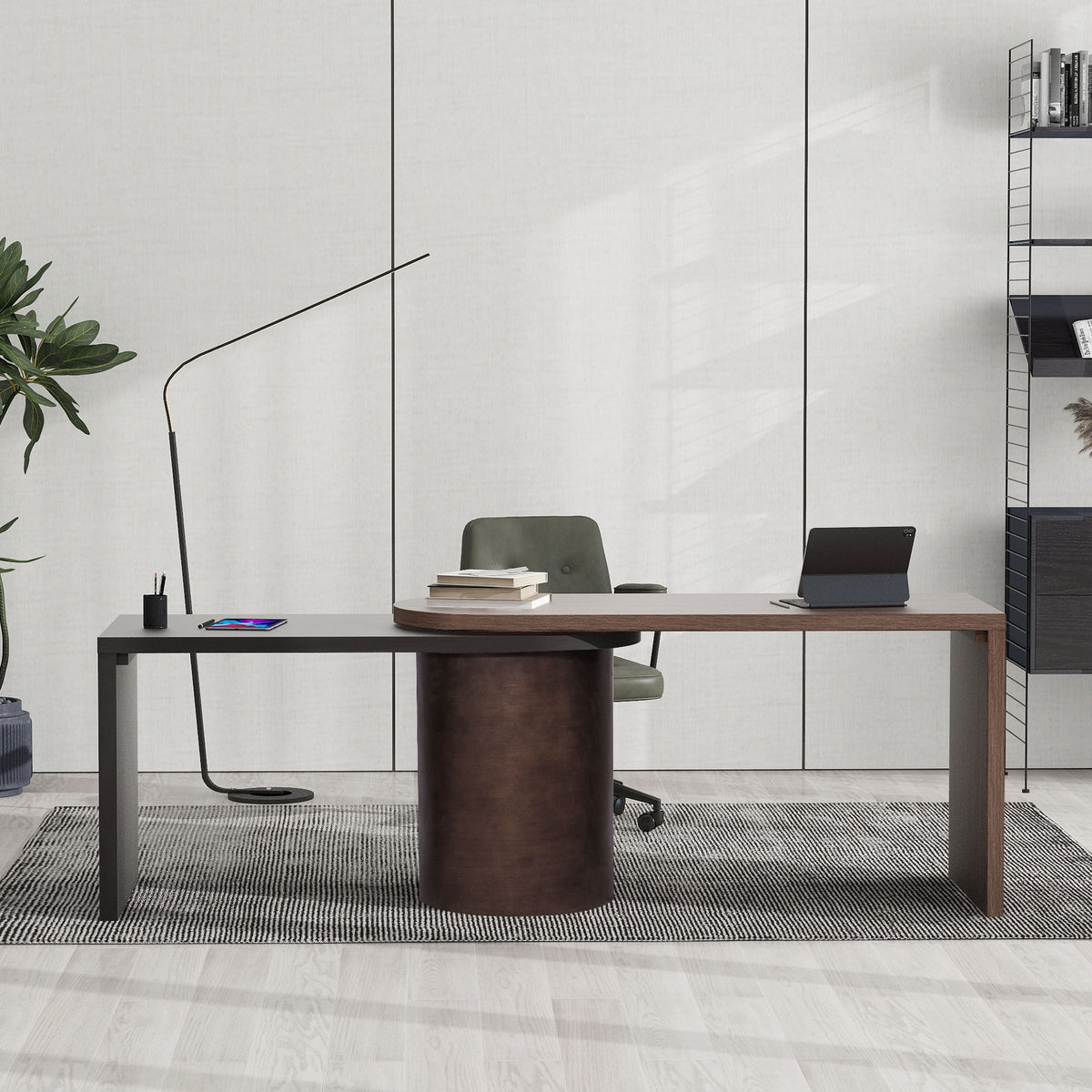Modern L Shaped Desk in Walnut with 1 Cabinet and Open storage, 360° Wood Rotating Desk 56.92"  - Walnut