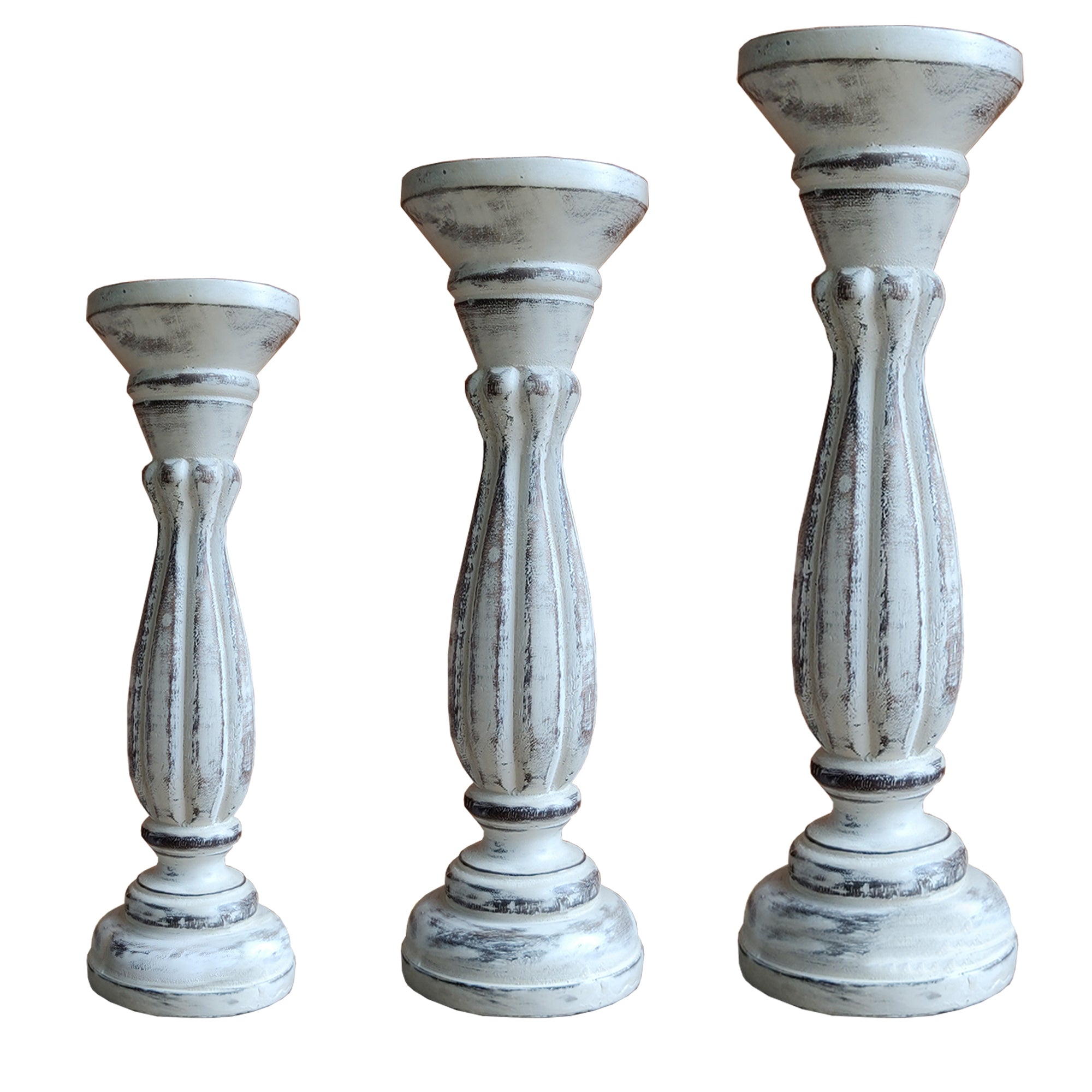 Handmade Wooden Candle Holder with Pillar Base Support - Distressed White (Set of 3)