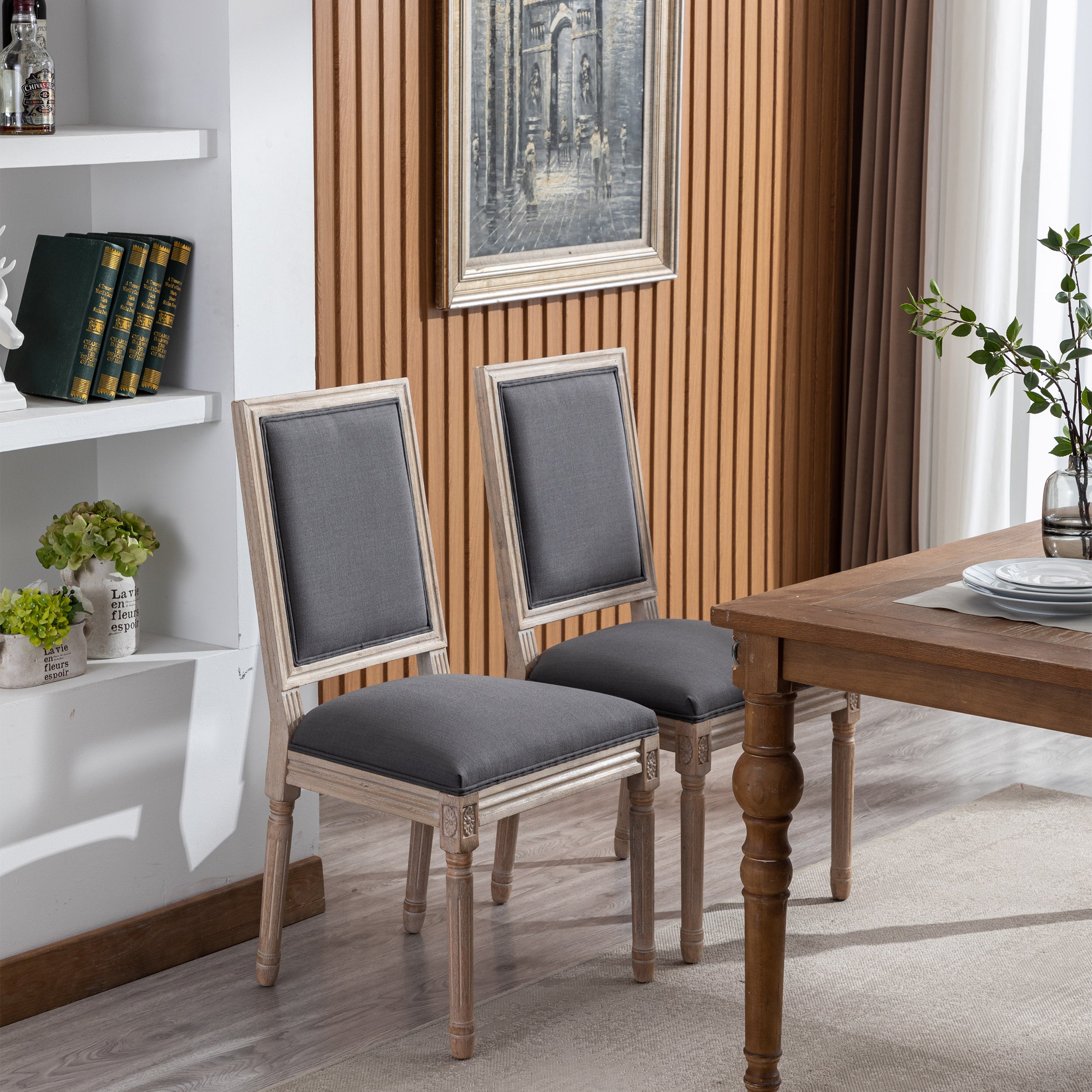 French Style Antique Painting Linen Back Dining Chair (Set of 2) - Grey