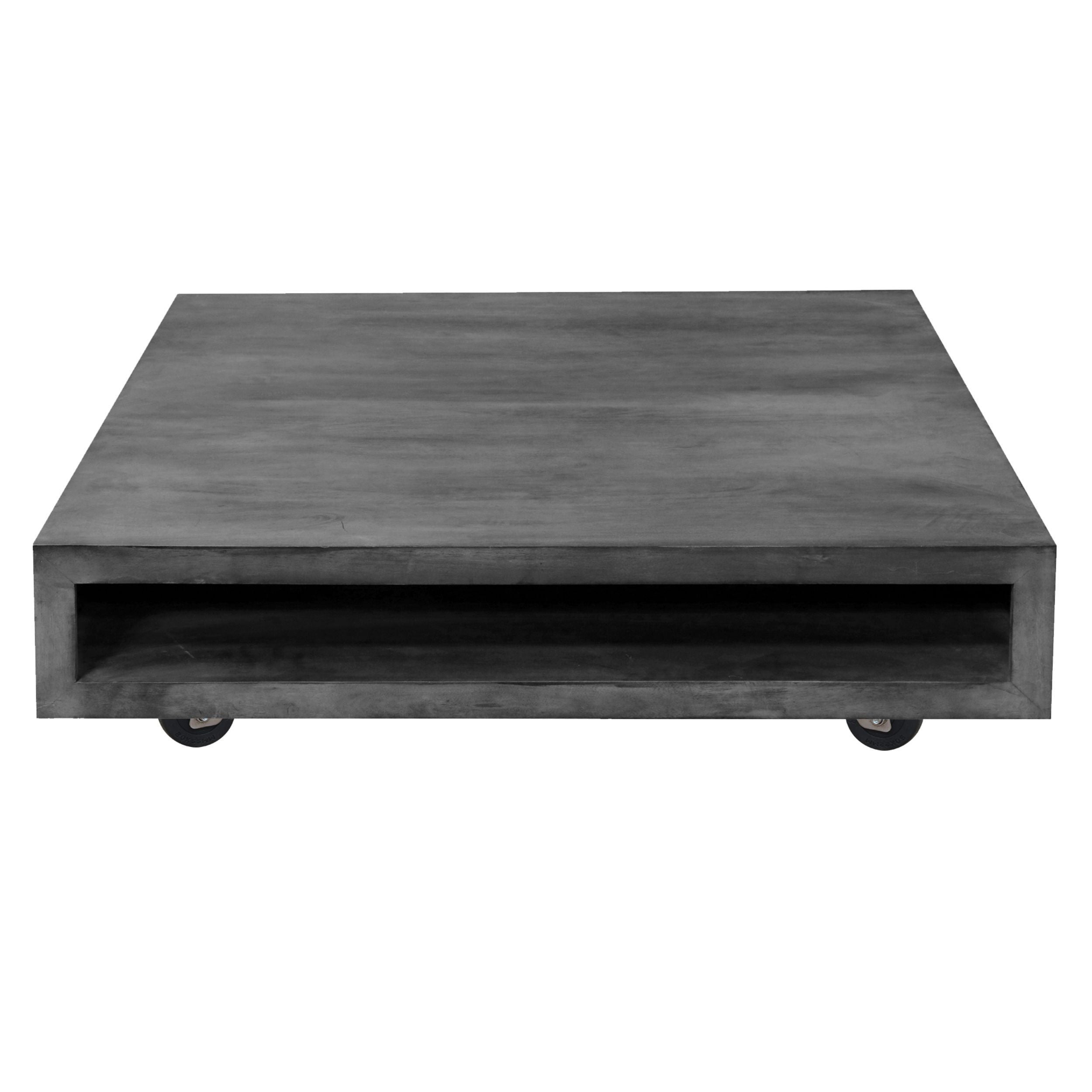 Square Mango Wood Coffee Table with Casters and Open Storage - Grey
