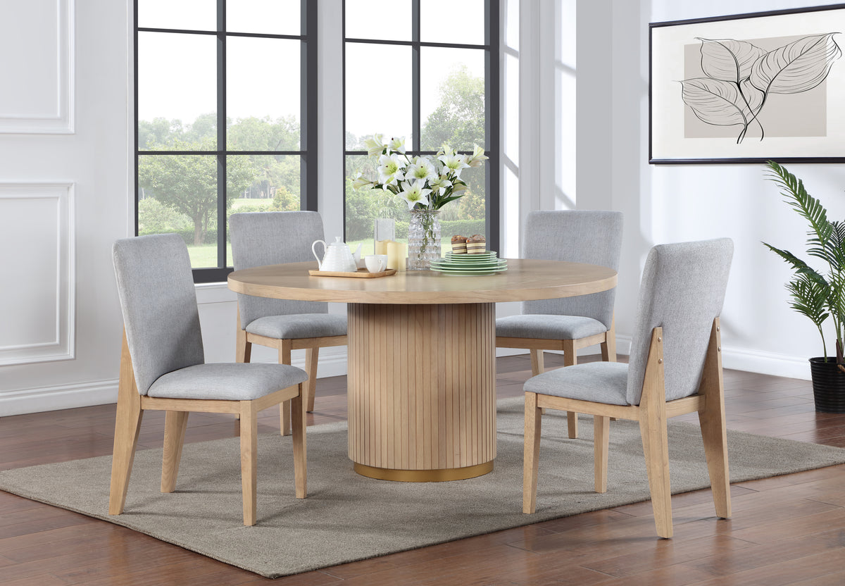 Caspian 5 Piece 59" Round Oak Finish Dining Table Set with Grey Chairs