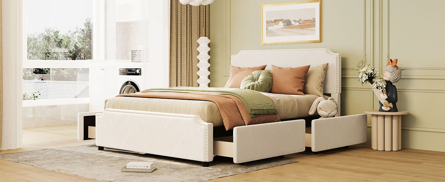 Queen Size Upholstered Platform Bed with Stud Trim Headboard and Footboard and 4 Drawers No Box Spring Needed, Velvet Fabric - Beige