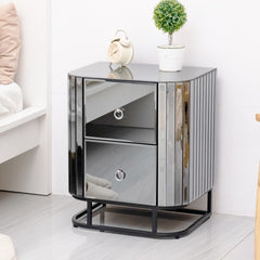 Mirrored Nightstand, Grey End Table - Black Iron Frame