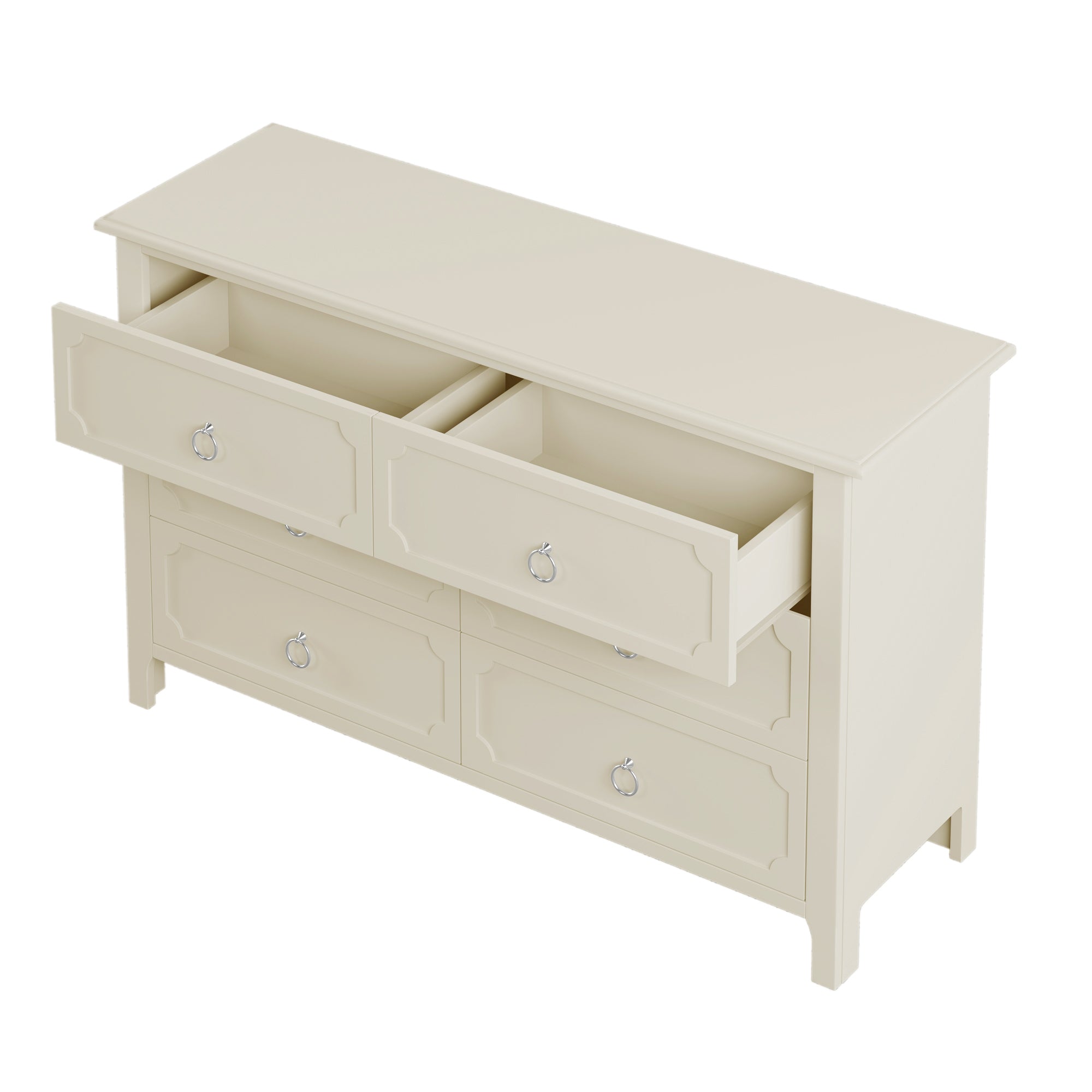 Milky Rubber Wooden Dresser 6 Large Drawers Silver Metal Handles - White