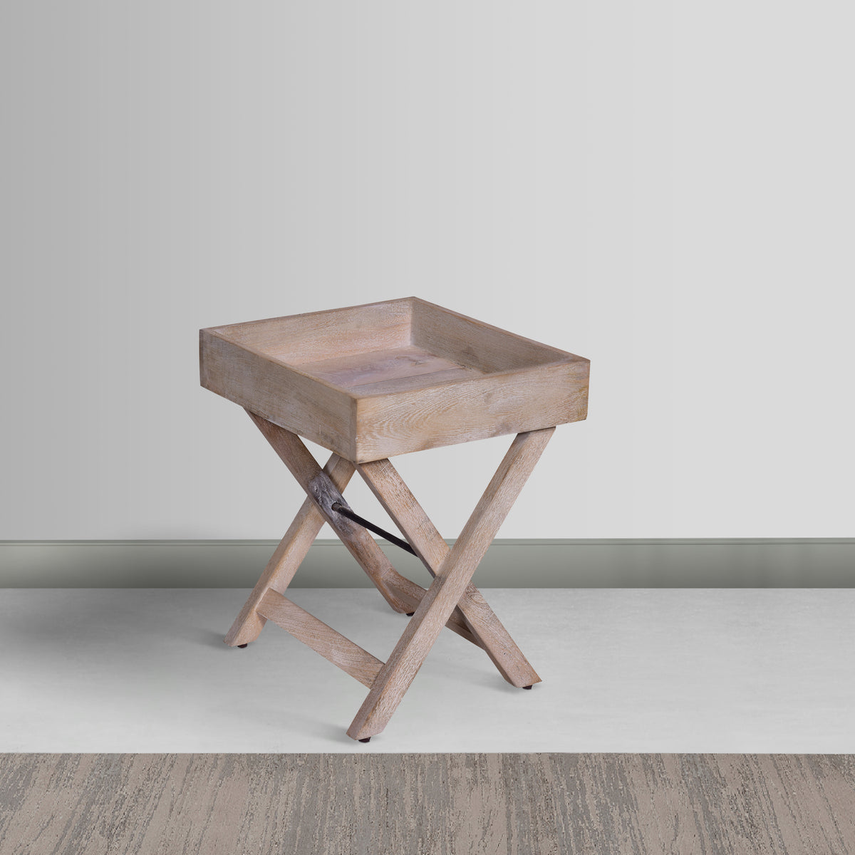 22 Inch Farmhouse Square Tray Top End Table, Mango Wood, X Shape Foldable Frame - Washed White/Natural