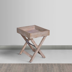 22 Inch Farmhouse Square Tray Top End Table, Mango Wood, X Shape Foldable Frame - Washed White/Natural