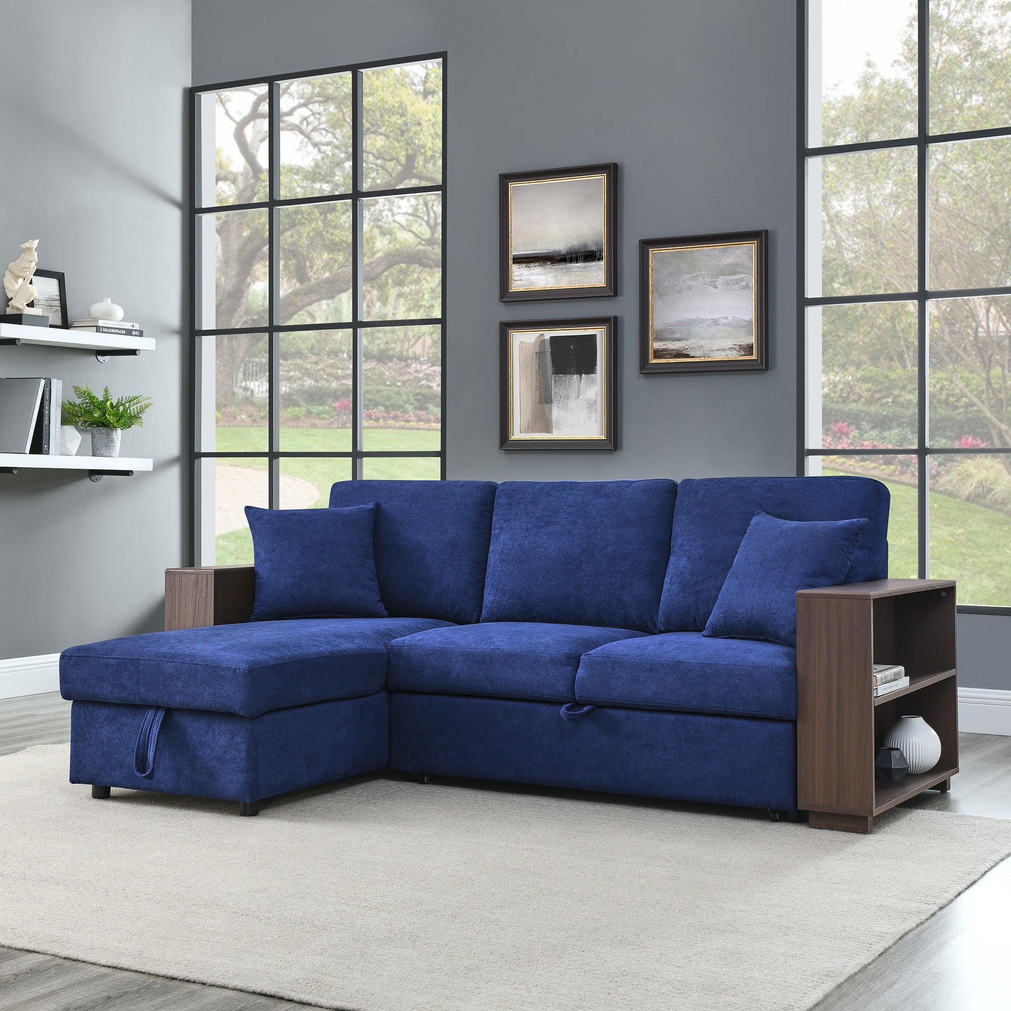 MAICOSY 88" Sleeper Sofa and Reversible Chaise Storage & Two Pillows, Navy Blue