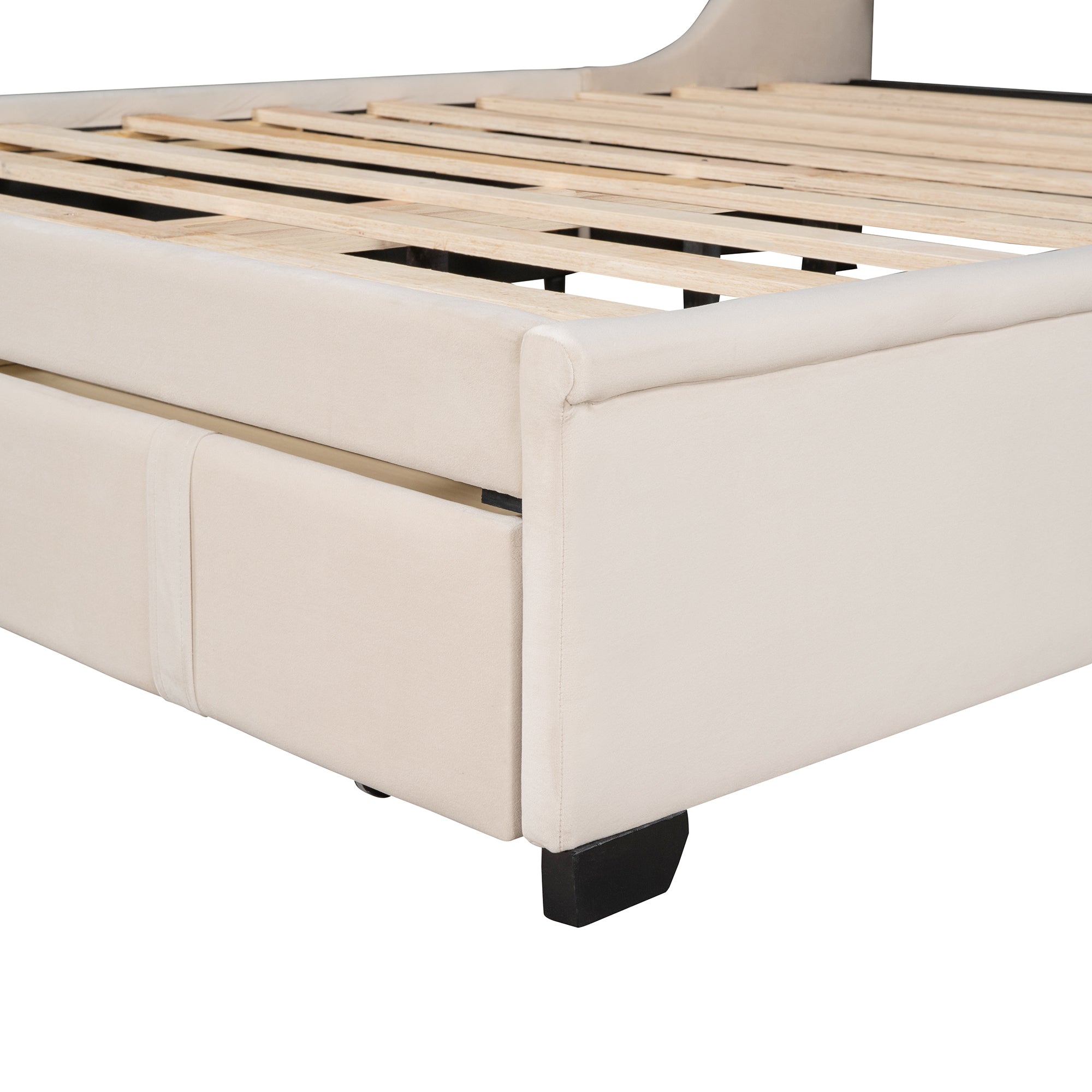 Queen Size Storage Bed Velvet Upholstered Platform Bed - Beige