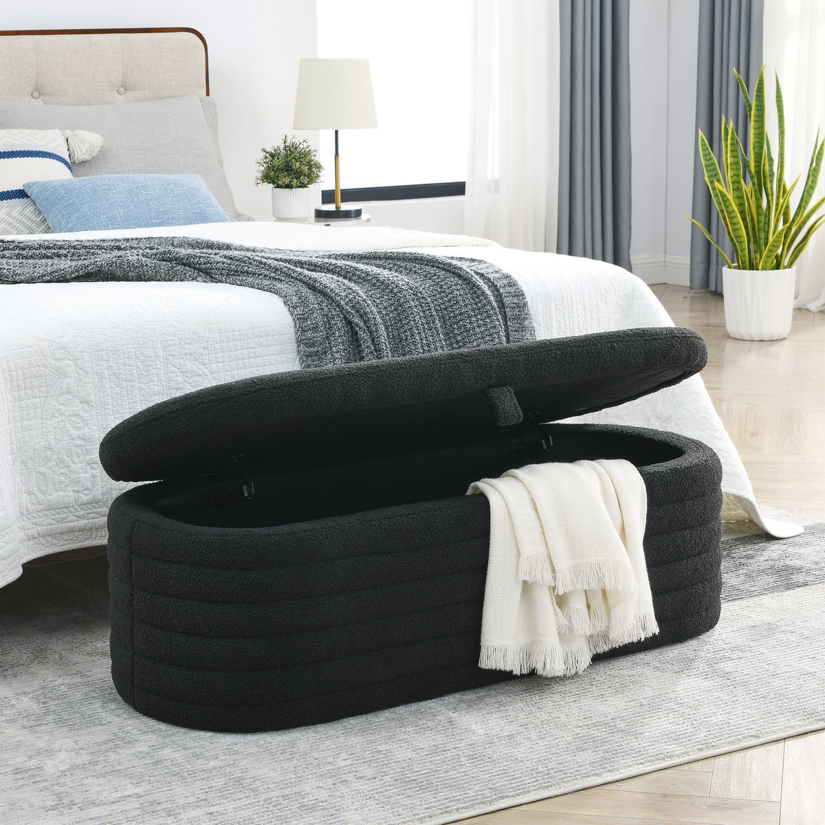 Storage Ottoman Bench Upholstered Fabric Storage - Black teddy