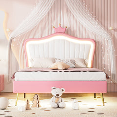 Full Size Princess Bed With Crown Headboard with LED Lights - White+Pink