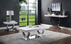 Zander Sofa Table, White Printed Faux Marble & Mirrored Silver Finish