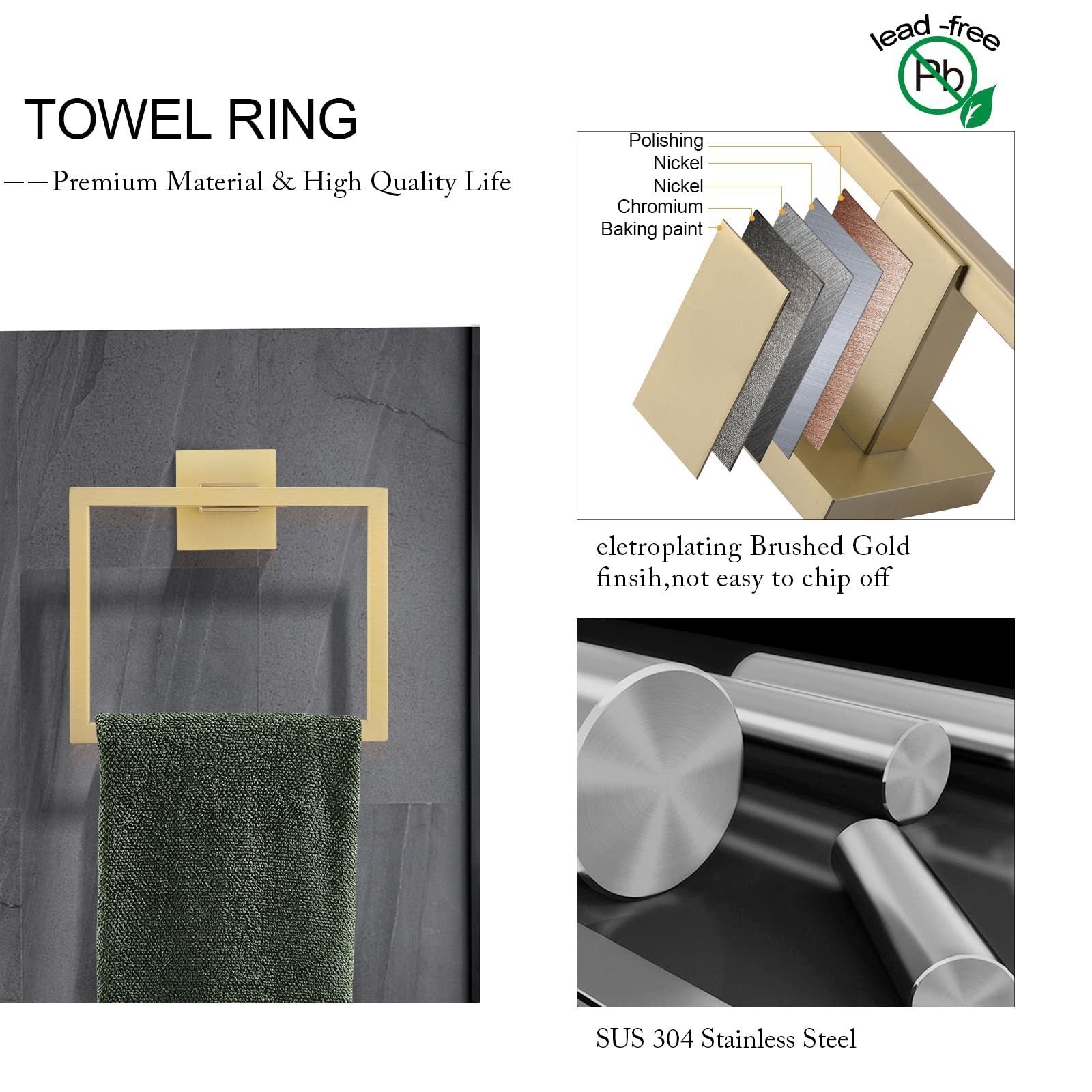 5 Pieces Bathroom Hardware Accessories Set Towel Bar Set Wall Mounted, Stainless Steel - Brushed Gold