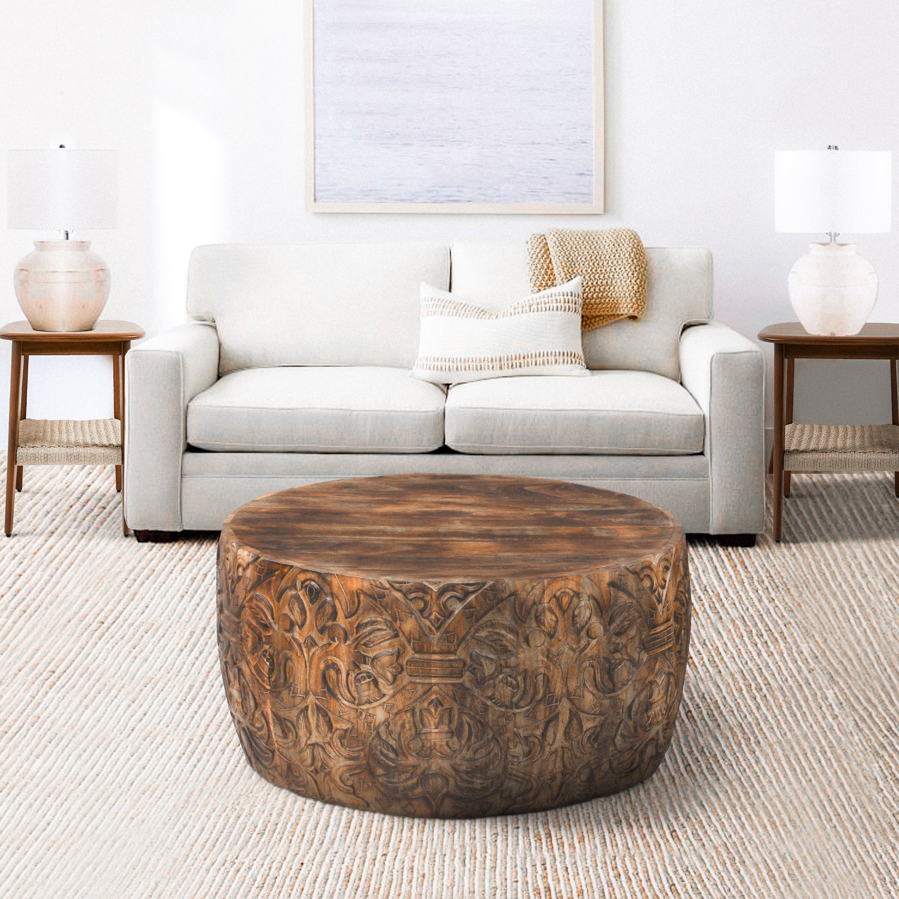 Handcrafted Mango Wood Coffee Table Round Drum Shape - Walnut Brown