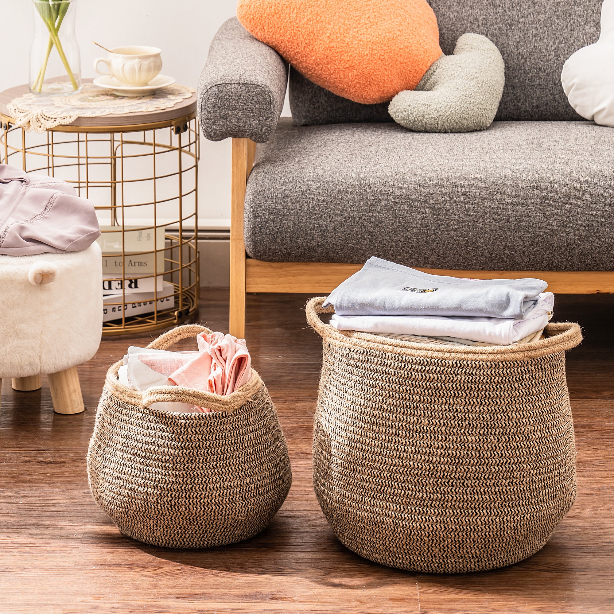 Cotton Linen Laundry Basket for bathroom (Set of 2) - Black & Brown
