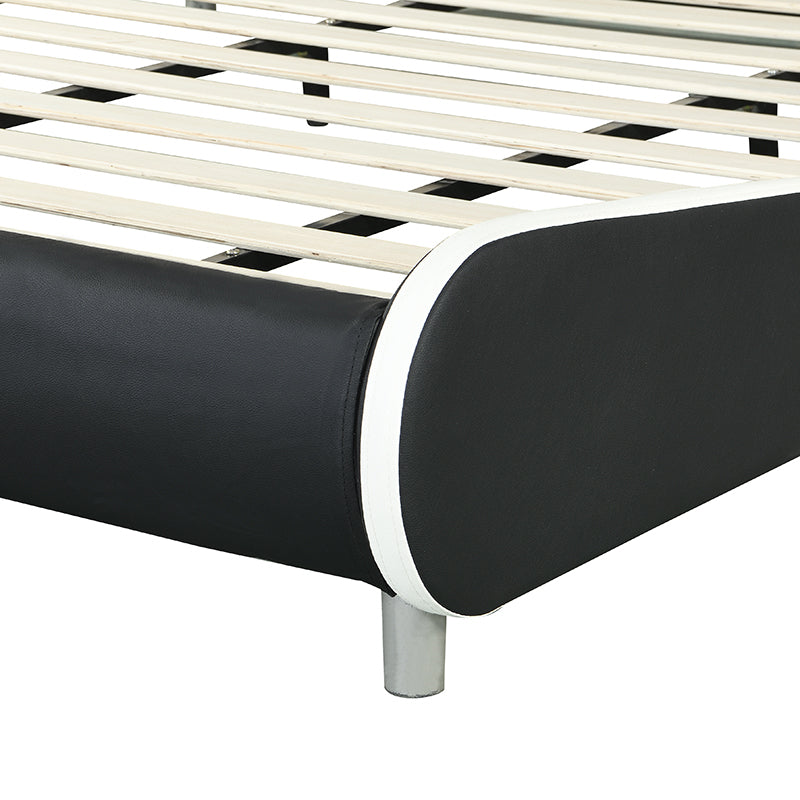 King Size Faux Leather Upholstered Platform Bed Frame, Curve Design, Wood Slat Support, No Box Spring Needed - Black+White