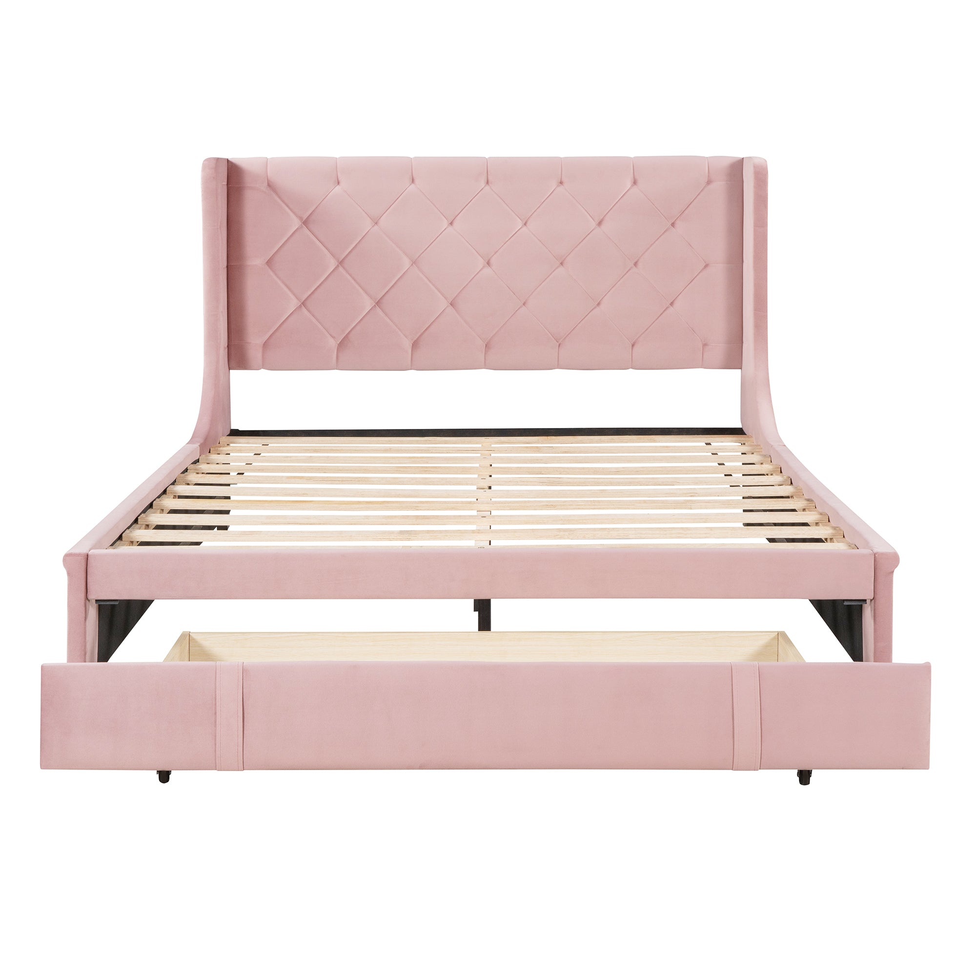 Queen Size Storage Bed Velvet Upholstered Platform Bed with Wingback Headboard and a Big Drawer - Pink