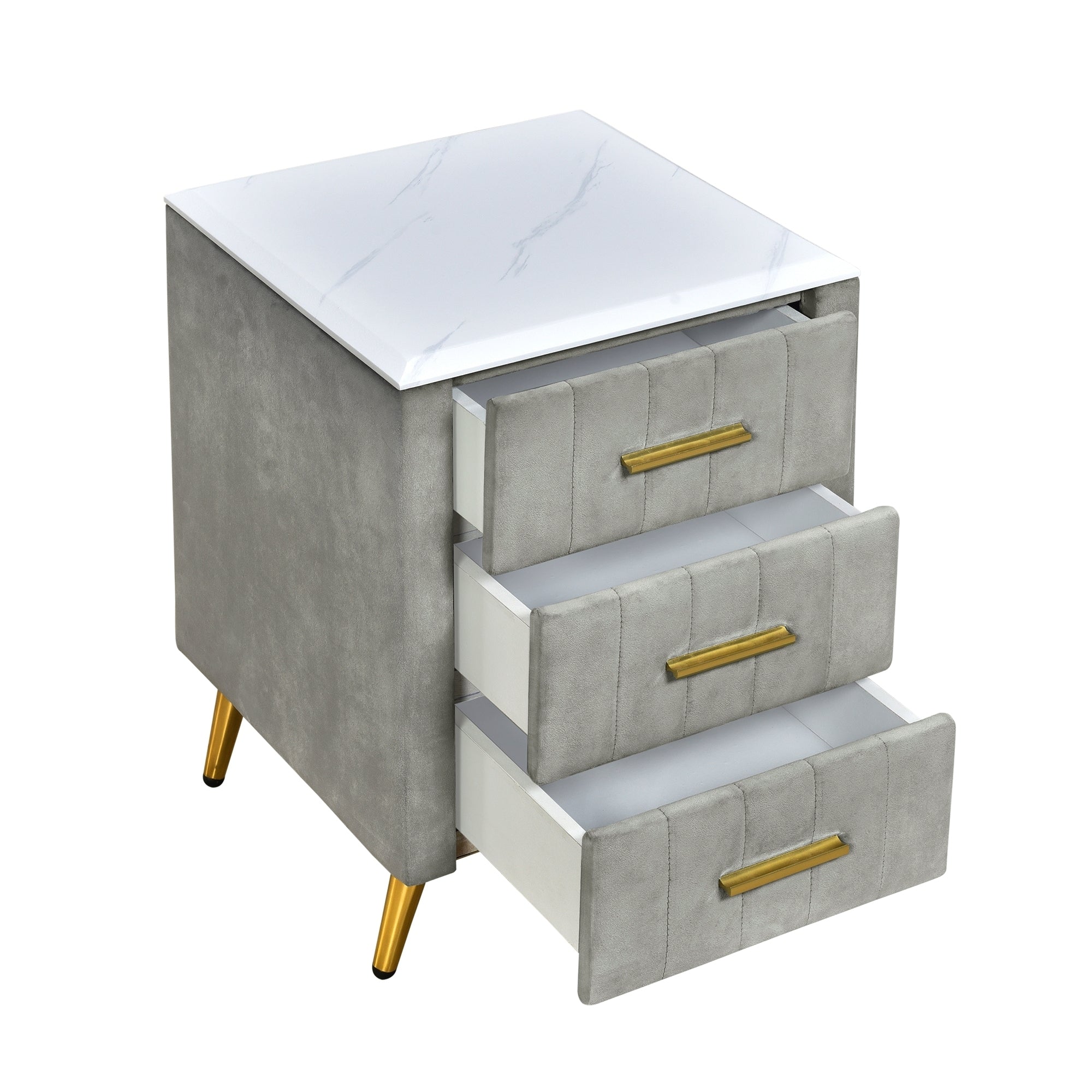 Upholstered Wooden Nightstand with 3 Drawers, Table with Marbling Worktop - Gray